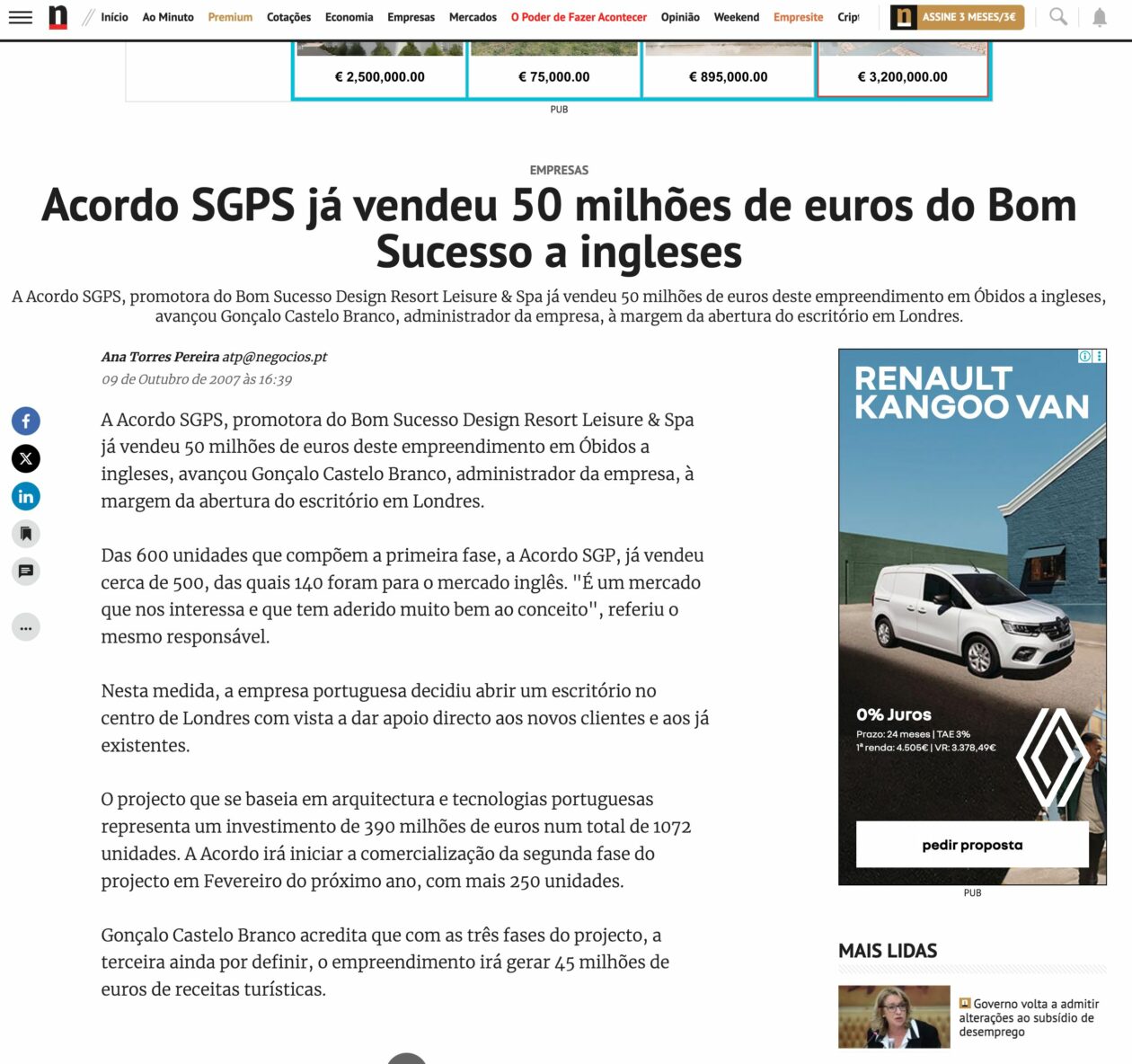 Press coverage: Acordo SGPS has already sold 50 million euros of Bom Sucesso to the English