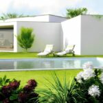 Álvaro Siza Vieira's 14 Villas at Bom Sucesso Resort showcasing modern architecture with a minimalist design, featuring a landscaped garden, expansive lawn, and shaded areas.