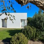 Álvaro Siza Vieira's 14 Villas at Bom Sucesso Resort showcasing modern architecture with a landscaped garden, featuring grass, shrubs, and a plant community integrated into the surrounding meadow.