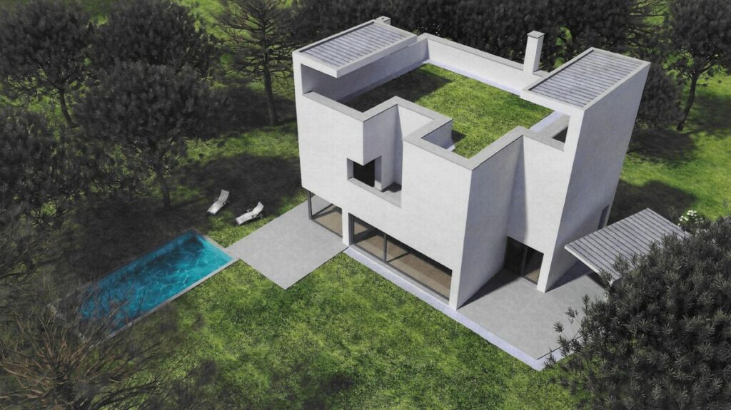 Álvaro Siza Vieira's 6 Villas at Bom Sucesso Resort showcasing a Brutalist architecture style with concrete and composite materials in a striking design.