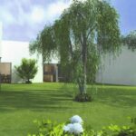 Eduardo Souto de Moura's 13 C-Shaped Villas at Bom Sucesso Resort showcasing a modern design with lush landscaping, expansive lawns, and shaded garden areas.