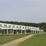 Falcão de Campos's 23 Row Houses at Bom Sucesso Resort showcasing modern villas with landscaped surroundings and shaded areas.