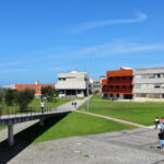 José Maria Lopo Prata and Firmino Trabula's Department of Education and Department of Environment and Planning at the University of Aveiro showcasing modern urban design with a spacious public space, shaded walkways, and a well-maintained lawn on the campus.