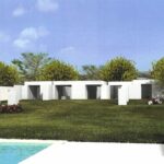 Manuel Aires Mateus's 7 Row Houses at Bom Sucesso Resort showcasing a modern design with a landscaped garden, expansive lawn, and shaded backyard.