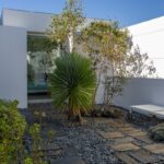 Manuel Aires Mateus's 7 Row Houses at Bom Sucesso Resort showcasing a modern design with a glass façade, integrated garden landscaping, and daylighting features, including perennial plants like yucca and agave tequilana.