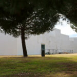 Manuel Aires Mateus's Primary School in Vila Nova da Barquinha showcasing a minimalist concrete structure with expansive land lot and distinct shadows under daylight.