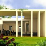 Nuno Graça Moura's Bar Code 2 - 12 Row Houses at Bom Sucesso Resort showcasing a modern villa design with a columned structure, landscaped garden, and expansive lawn.