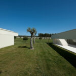 Nuno Brandao Costa’s 7 Houses in Óbidos at Bom Sucesso Resort showcasing composite material and concrete structures with landscaped lawns, artificial turf, and shaded areas emphasizing daylighting and shadow play.