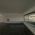 Nuno Brandao Costa’s 7 Houses in Óbidos at Bom Sucesso Resort showcasing interior design with plaster ceilings, tile flooring, ample daylighting, and transparent elements emphasizing modern materials and silver accents.
