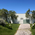 Nuno Graça Moura’s 4 Villas at Bom Sucesso Resort showcasing modern architecture with clean lines, large glass façades, and surrounding lush green vegetation including grass, shrubs, and garden plants.