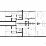 Nuno Graça Moura’s Bar Code 1 - 30 Row Houses at Bom Sucesso Resort showcasing a technical drawing of the linear arrangement with detailed design elements and structural assemblies.