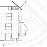 Nuno Graça Moura’s architectural schematic of the Golf Maintenance Building at Bom Sucesso Resort showcasing a detailed technical drawing with white line art and plan views.