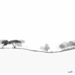 Nuno Graça Moura’s monochrome line art sketch of the Urban Plan of Unrealized Phase 3 of Bom Sucesso Resort, highlighting sloped terrain and detailed urban layout elements.