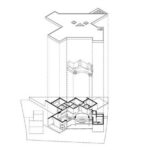Atelier dos Remédios, Madalena Cardoso de Menezes, and Francisco Teixeira Bastos’ architectural schematic of 6 Casa X Villas at Bom Sucesso Resort showcasing a symmetrical white line art plan with triangular elements and technical drawing details.