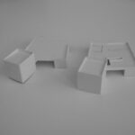Josep Llinás’s House Model 4 showcasing a minimalist white exterior with geometric paper-like design elements and a boxy plastic structure.