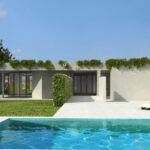 Atelier dos Remédios, Madalena Cardoso de Menezes, and Francisco Teixeira Bastos’ design of the 3 Casa B Villas at Bom Sucesso Resort featuring modern concrete structures with landscaped gardens, shaded backyard areas, and integrated swimming pools.