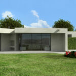 Atelier dos Remédios, Madalena Cardoso de Menezes, and Francisco Teixeira Bastos’ design of the 3 Casa C Villas at Bom Sucesso Resort featuring modern concrete structures with landscaped gardens, grass, shrubs, and shaded outdoor areas.