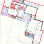 Josep Llinás’s schematic floor plan of the unrealized House Model 185 at Bom Sucesso Resort, featuring detailed technical drawings with triangular design elements and architectural sketches.