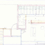 Josep Llinás’s House Model 1 schematic drawing showing a white technical floor plan with triangular shapes and detailed architectural diagrams.