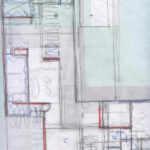 Josep Llinás’s schematic floor plan of the unrealized House Model 250 at Bom Sucesso Resort, featuring triangular geometric layouts and technical drawing elements.