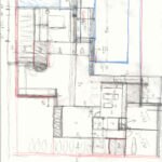 Technical drawing by Josep Llinás showcasing a schematic floor plan with triangular shapes and detailed architectural sketches.