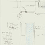 Technical drawing by Josep Llinás showing a detailed schematic plan with labeled sections and structural elements of an unknown architectural project.