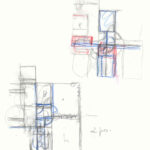 Technical drawing by Josep Llinás depicting a detailed architectural sketch with triangular shapes and precise line work.
