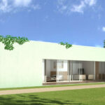 Nuno Graça Moura’s 4 Architectural Villas, Lot 52, showcasing modern farmhouse design with concrete structures, landscaped yards, expansive lawns, and shaded outdoor spaces.