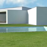 Álvaro Siza Vieira’s 14 Architectural Villas, Lot 1, showcasing a modern home with a composite material façade, expansive glass windows, a landscaped garden with lawn and grass, a swimming pool, and shaded outdoor areas.