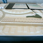 Nuno Graça Moura’s scale model of the "30 Architectural 'Bar Code 1' Townhouses, Lot 152" showcasing a detailed plan with linear townhouse assemblies and distinct modular design elements.