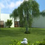 Eduardo Souto de Moura’s 13 Architectural "C-Shaped" Villas, Lot 101, showcasing modern homes with C-shaped layouts surrounded by landscaped gardens, lawns, and shaded backyards.