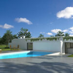 Nuno Brandao Costa’s 7 Architectural Villas, Lot 322, showcasing a modern villa with composite material cladding, concrete elements, a swimming pool, landscaped estate grounds, and shaded outdoor areas.