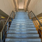 Alcino Soutinho’s Biblioteca Municipal Florbela Espanca showcasing a symmetrical design with wooden stairs, metal handrails, steel structural elements, and composite materials with a wood stain finish.