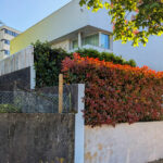 Alcino Soutinho’s Cavadas Santos Residence showcasing a modern home with clean wall surfaces, a balcony overlooking neatly trimmed hedges and shrubs, and contemporary home fencing.