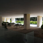 Alcino Soutinho’s Conjunto Habitacional Palácio da Enseada showcasing a modern residential complex with concrete structures, composite materials, integrated landscaping, and strategic daylighting creating shaded outdoor spaces.