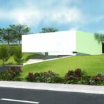 Nuno Graça Moura’s 8 Architectural Villas, Lot 67, showcasing a modern villa with landscaped garden, expansive lawn, and detailed 3D modeling of the yard and surrounding greenery.