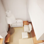 Eduardo Souto de Moura’s Convento das Bernardas Residence interior showcasing wooden flooring, minimalist furniture including a couch, clean white walls, and a high ceiling in a modern living room setting.