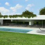 Gonçalo Byrne’s design of 5 Futuristic Architectural Villas, Lot 209, showcasing sleek composite material façades, landscaped gardens with artificial turf and lawn, a concrete swimming pool, and shaded outdoor areas on a spacious grass land lot.