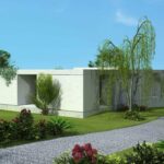 Manuel Aires Mateus’s 7 Architectural Townhouses and 11 Architectural Villas, Lot 143, showcasing minimalist concrete structures with landscaped gardens, shaded yards, and expansive lawns.