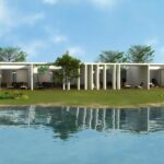 Nuno Graça Moura’s 30 Architectural "Bar Code 1" Townhouses, Lot 152, showcasing a modern estate with shaded landscaping, eco-friendly design elements, and integrated yards surrounding the villa-style structures.