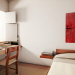 Eduardo Souto de Moura’s Convento das Bernardas Residence interior showcasing wooden flooring, brown furniture, and minimalist wall design in a modern apartment setting.