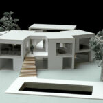 David Chipperfield’s 4 Architectural Villas, Lot 329 scale model showcasing composite and natural materials with detailed plywood elements and architectural plans.