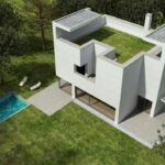 Álvaro Siza Vieira’s design for "6 Unbuilt Architectural Villas, Lot 234" showcasing modern villas with clean siding, landscaped gardens, expansive lawns, and a residential estate layout.