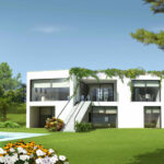 David Chipperfield’s 4 Architectural Villas, Lot 329, showcasing modern residential design with clean lines, landscaped gardens, expansive lawns, and a combination of glass façades and minimalist structural elements.