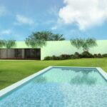 Nuno Graça Moura’s 13 Architectural Villas, Lot 53, showcasing a modern composite material home with a landscaped garden, backyard lawn, swimming pool, and spacious yard.