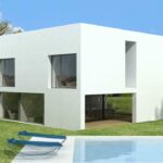 Gonçalo Byrne’s 6 Architectural Cubic Villas, Lot 262, showcasing modern cubic concrete structures with landscaped gardens and spacious yards in a residential estate.