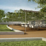 Álvaro Siza Vieira’s Commercial Area, Lot 156 showcasing a modern design with shaded outdoor spaces and integrated landscaping elements.