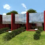 Gonçalo Byrne’s 25 Architectural Townhouses "Rusty Gates," Lot 217, showcasing a modern campus layout with landscaped yards, shaded outdoor areas, and integrated headquarters buildings.