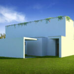 Álvaro Siza Vieira’s design for "6 Unbuilt Architectural Villas, Lot 234" showcasing a composite material home with engineered landscaping, artificial turf lawn, shaded yard, and modern structural elements.