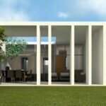 Nuno Graça Moura’s 30 Architectural "Bar Code 1" Townhouses, Lot 152, showcasing a modern estate with concrete columns, shaded courtyards, landscaped lawns, and spacious yards.